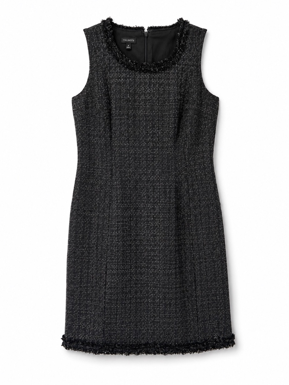Talbots Textured Tweed Sheath Dress
Sleeveless Black Fringe Detail Lined, Size 8 - Picture 2 of 9
